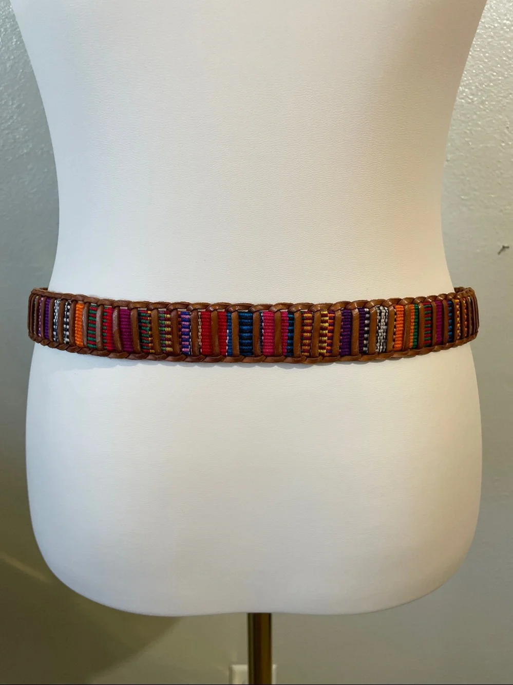 Boho Festival Woven Leather Belt Colorful Stripe Pin Closure Buckle Sz 34 Nomad